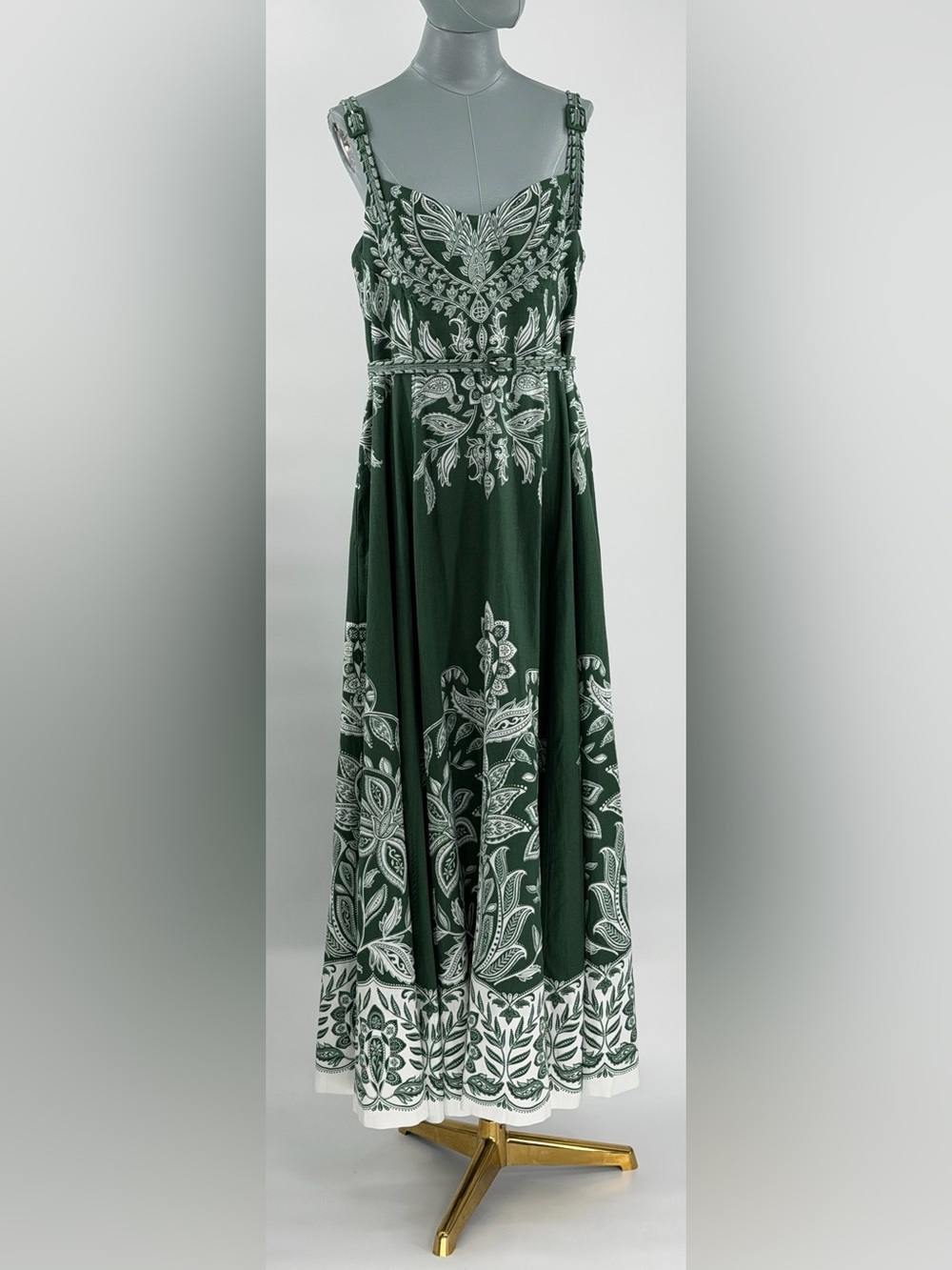 🆕 FARM Rio 🧿 NWT Miranda Buckles Maxi Dress, Dark Green & White Linen - Sz XL - Picture 11 of 15